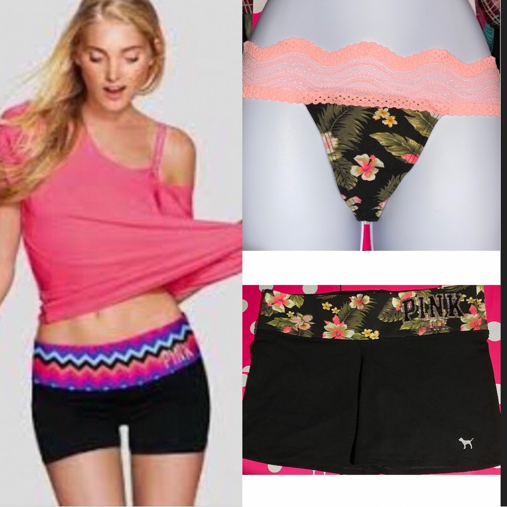 New vintage PINK bling foldover shorts VS PINK thong panties bundle floral